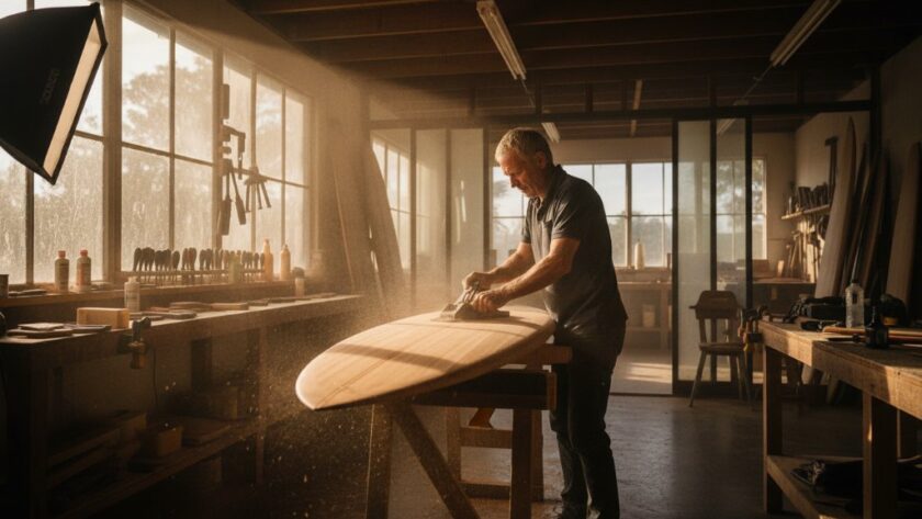 A dynamic wide-angle shot of a local Mallacoota artisan meticulously crafting a custom wooden surfboard in a sun-drenched workshop, showcasing Mallacoota commercial photography elevating local businesses through authentic storytelling, with golden light illuminating the sawdust and tools.