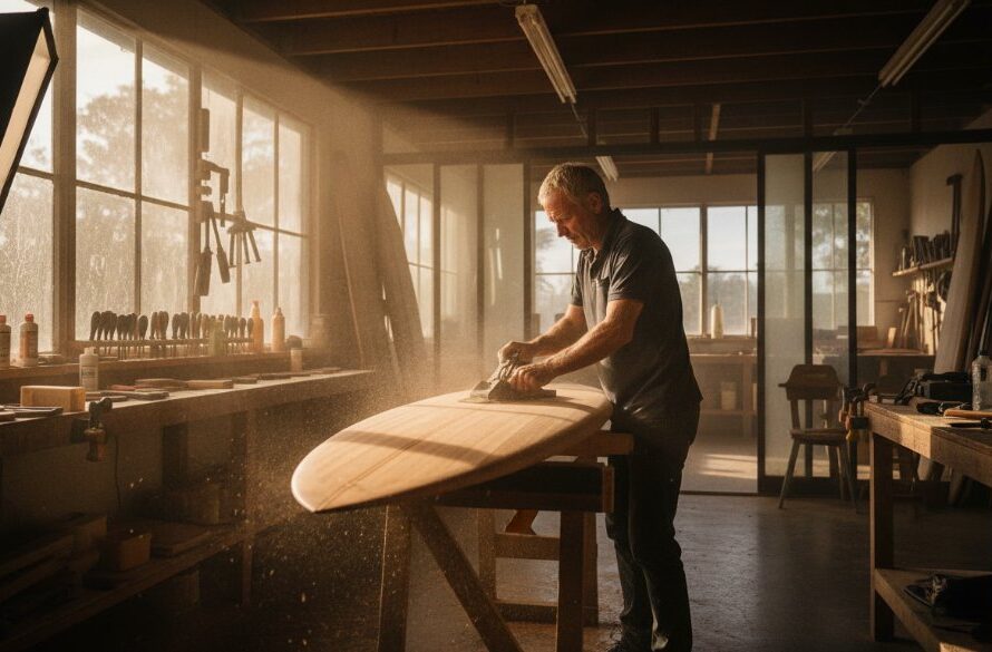 A dynamic wide-angle shot of a local Mallacoota artisan meticulously crafting a custom wooden surfboard in a sun-drenched workshop, showcasing Mallacoota commercial photography elevating local businesses through authentic storytelling, with golden light illuminating the sawdust and tools.
