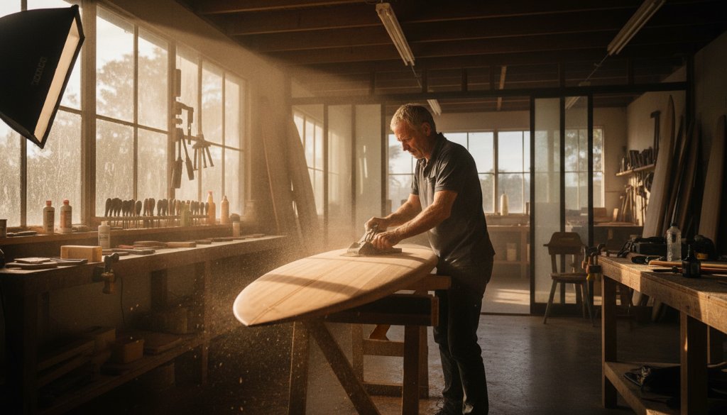 A dynamic wide-angle shot of a local Mallacoota artisan meticulously crafting a custom wooden surfboard in a sun-drenched workshop, showcasing Mallacoota commercial photography elevating local businesses through authentic storytelling, with golden light illuminating the sawdust and tools.