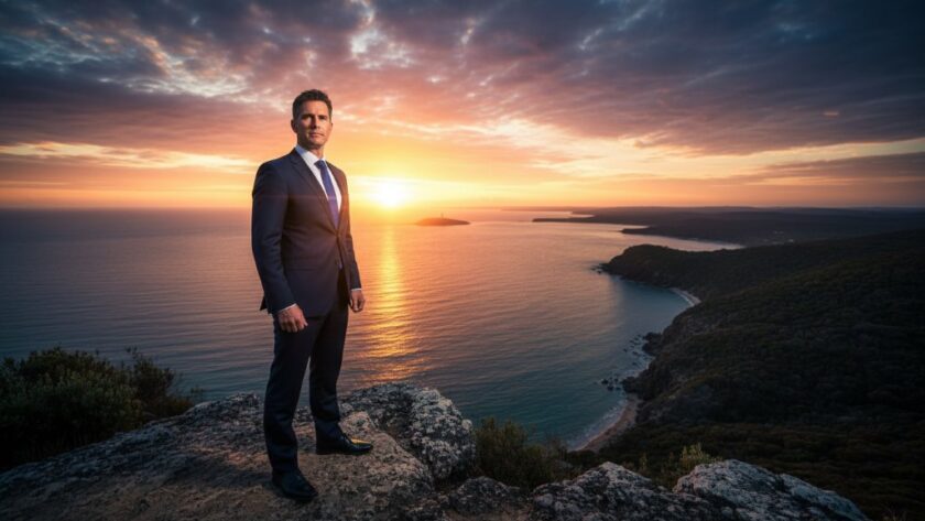 Dynamic wide shot capturing a confident female professional overlooking the tranquil Mallacoota Inlet at sunrise, symbolising success and vision, embodying expert Mallacoota corporate photography for East Gippsland professionals.