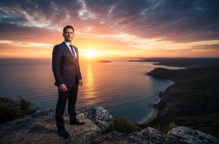 Dynamic wide shot capturing a confident female professional overlooking the tranquil Mallacoota Inlet at sunrise, symbolising success and vision, embodying expert Mallacoota corporate photography for East Gippsland professionals.
