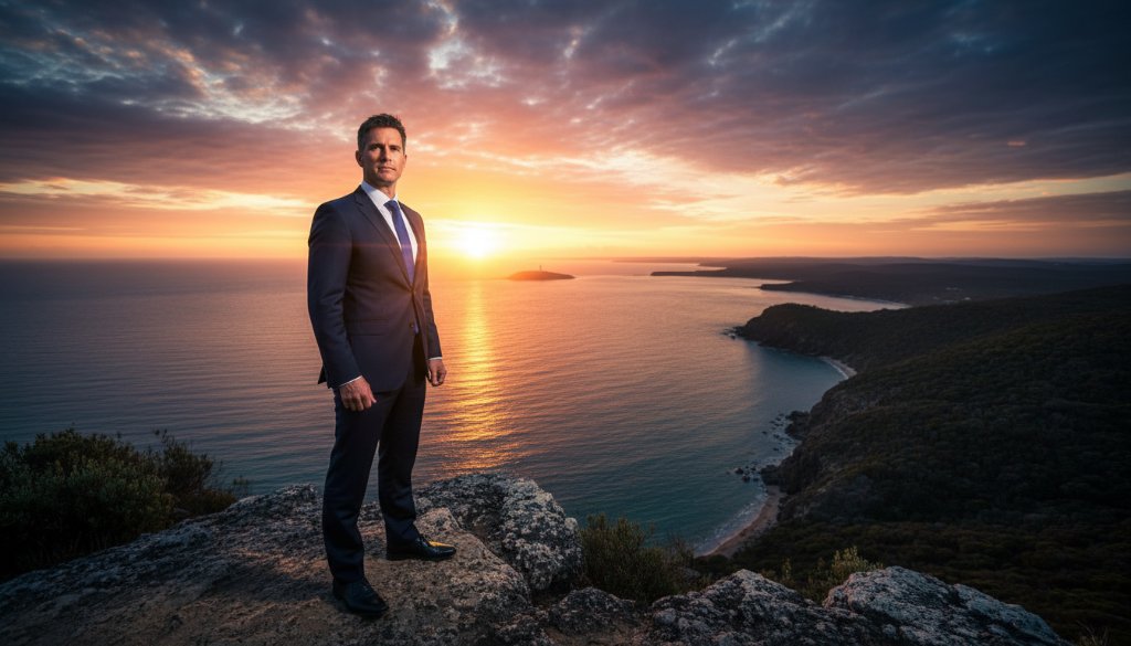 Dynamic wide shot capturing a confident female professional overlooking the tranquil Mallacoota Inlet at sunrise, symbolising success and vision, embodying expert Mallacoota corporate photography for East Gippsland professionals.