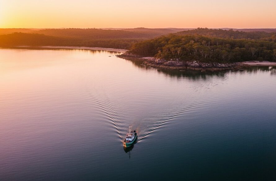 An epic aerial shot showcasing Mallacoota drone photography breathtaking coastal vistas at sunrise, featuring the vibrant pink and orange sky reflecting on the calm inlet waters, with a lone boat heading out to sea, all from a professional drone perspective.