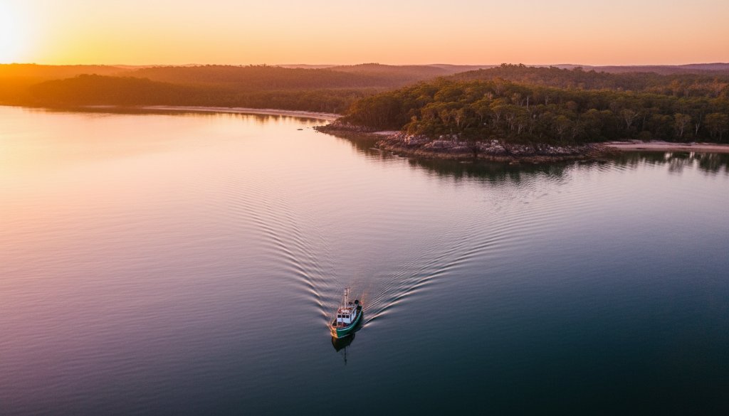 An epic aerial shot showcasing Mallacoota drone photography breathtaking coastal vistas at sunrise, featuring the vibrant pink and orange sky reflecting on the calm inlet waters, with a lone boat heading out to sea, all from a professional drone perspective.