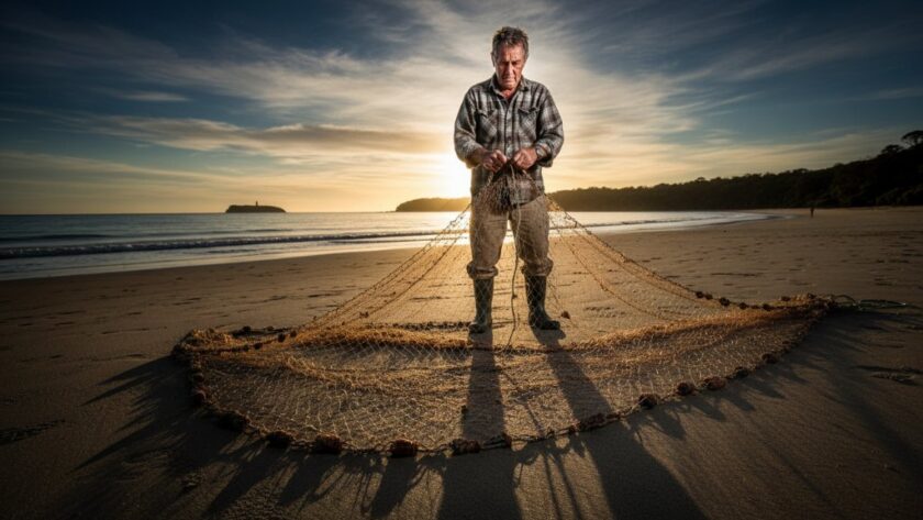An editorial photograph showcasing an epic moment of a local artisan crafting a wooden boat on the sun-drenched Mallacoota waterfront, with the rugged coastline in the background, embodying Mallacoota editorial photography capturing authentic coastal stories.