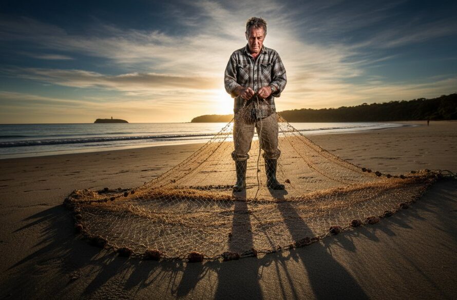 An editorial photograph showcasing an epic moment of a local artisan crafting a wooden boat on the sun-drenched Mallacoota waterfront, with the rugged coastline in the background, embodying Mallacoota editorial photography capturing authentic coastal stories.