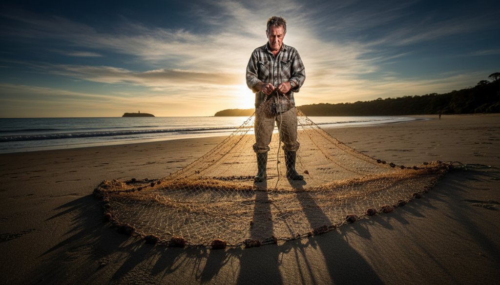 An editorial photograph showcasing an epic moment of a local artisan crafting a wooden boat on the sun-drenched Mallacoota waterfront, with the rugged coastline in the background, embodying Mallacoota editorial photography capturing authentic coastal stories.