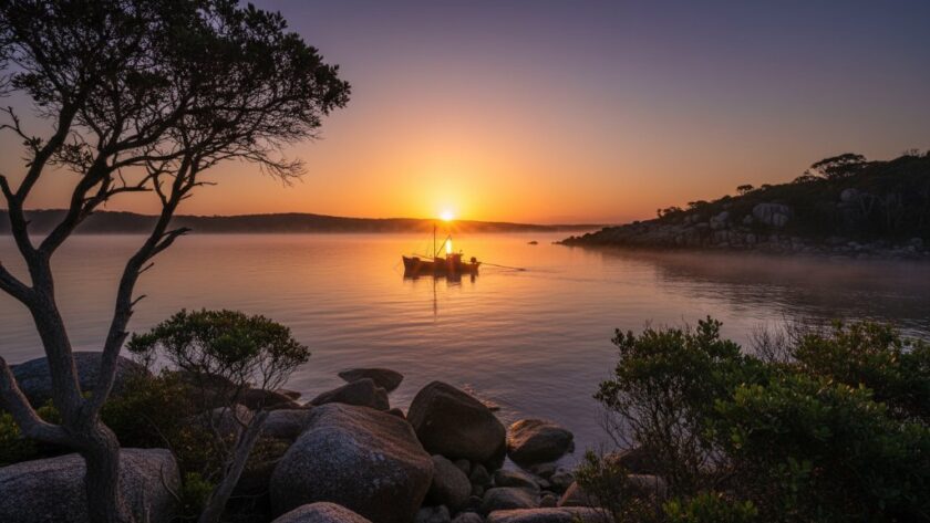 An epic moment of Mallacoota fine art photography capturing coastal serenity, featuring a lone figure silhouetted against a dramatic sunrise over the rugged coastline, with soft, golden light illuminating the misty waves and ancient rocks, conveying deep tranquility and the raw beauty of Mallacoota, Victoria.