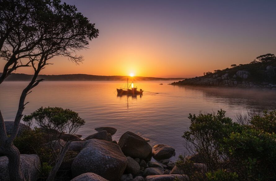 An epic moment of Mallacoota fine art photography capturing coastal serenity, featuring a lone figure silhouetted against a dramatic sunrise over the rugged coastline, with soft, golden light illuminating the misty waves and ancient rocks, conveying deep tranquility and the raw beauty of Mallacoota, Victoria.
