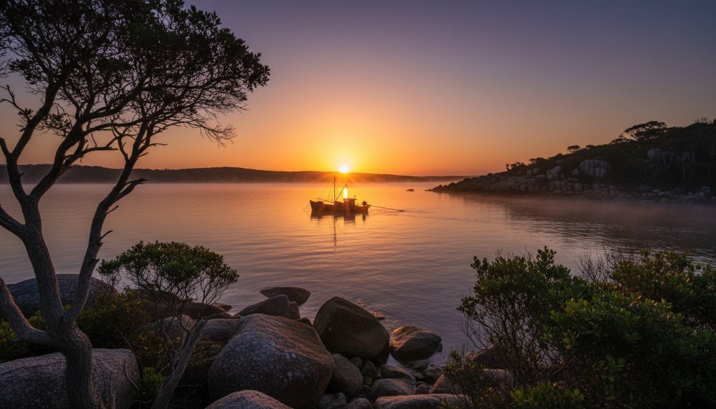 An epic moment of Mallacoota fine art photography capturing coastal serenity, featuring a lone figure silhouetted against a dramatic sunrise over the rugged coastline, with soft, golden light illuminating the misty waves and ancient rocks, conveying deep tranquility and the raw beauty of Mallacoota, Victoria.