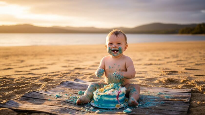 An epic moment captured in Mallacoota First Birthday Cake Smash Photography: a baby, covered in frosting, laughing joyously as golden hour light bathes the coastal scene, with the vast Mallacoota Inlet in the soft-focused background, radiating pure, unadulterated happiness.