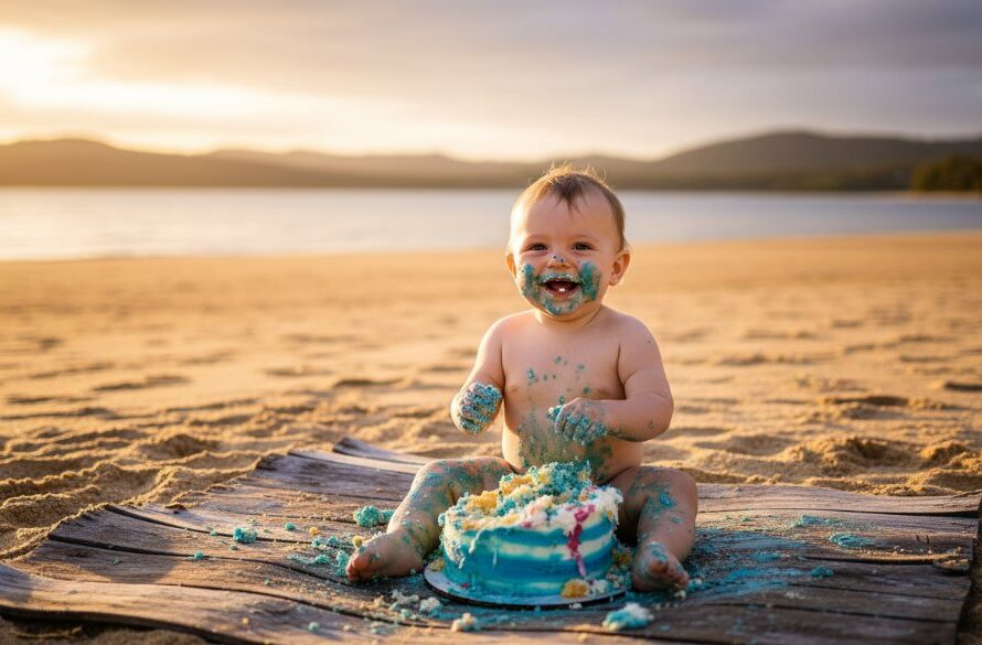 An epic moment captured in Mallacoota First Birthday Cake Smash Photography: a baby, covered in frosting, laughing joyously as golden hour light bathes the coastal scene, with the vast Mallacoota Inlet in the soft-focused background, radiating pure, unadulterated happiness.