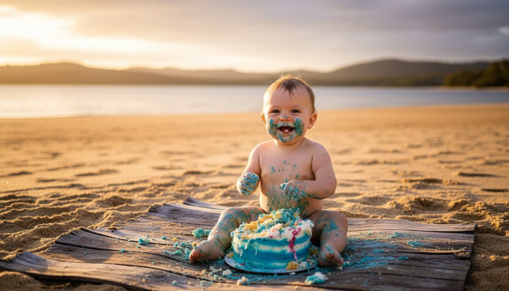 An epic moment captured in Mallacoota First Birthday Cake Smash Photography: a baby, covered in frosting, laughing joyously as golden hour light bathes the coastal scene, with the vast Mallacoota Inlet in the soft-focused background, radiating pure, unadulterated happiness.