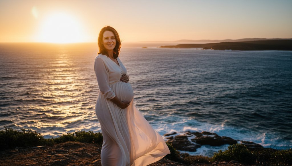 A glowing expectant mother embracing her bump during Mallacoota foreshore maternity photos Victoria, silhouetted against a dramatic sunset at Bastion Point, with waves gently crashing.