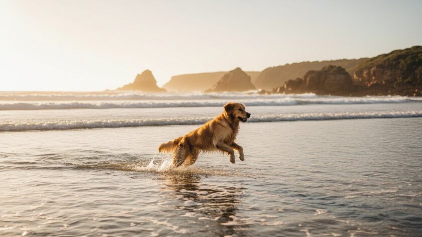 A majestic golden retriever captured during Mallacoota golden hour pet photography on Bastion Point, leaping joyfully through the shallow waves with the vibrant sunset casting long, warm shadows and sparkling on the water, perfectly encapsulating an epic moment of pure happiness.
