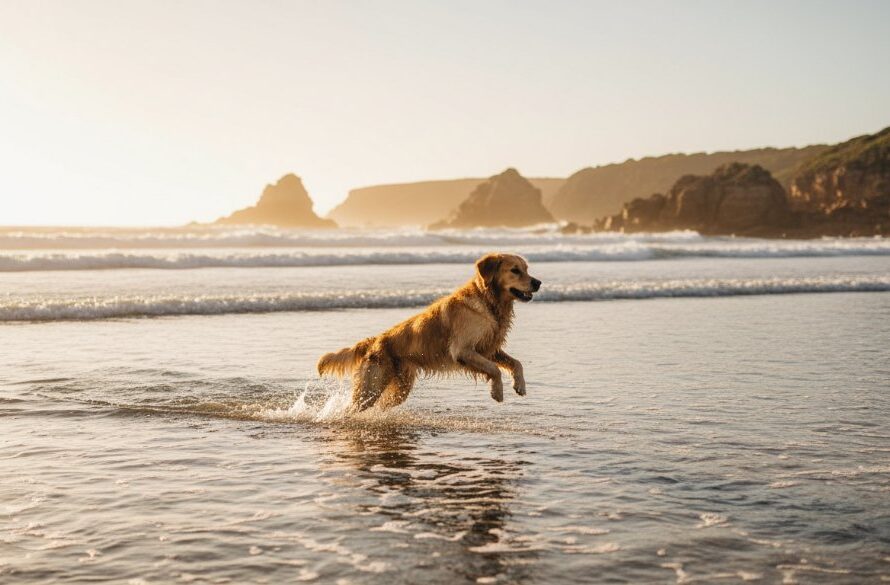 A majestic golden retriever captured during Mallacoota golden hour pet photography on Bastion Point, leaping joyfully through the shallow waves with the vibrant sunset casting long, warm shadows and sparkling on the water, perfectly encapsulating an epic moment of pure happiness.