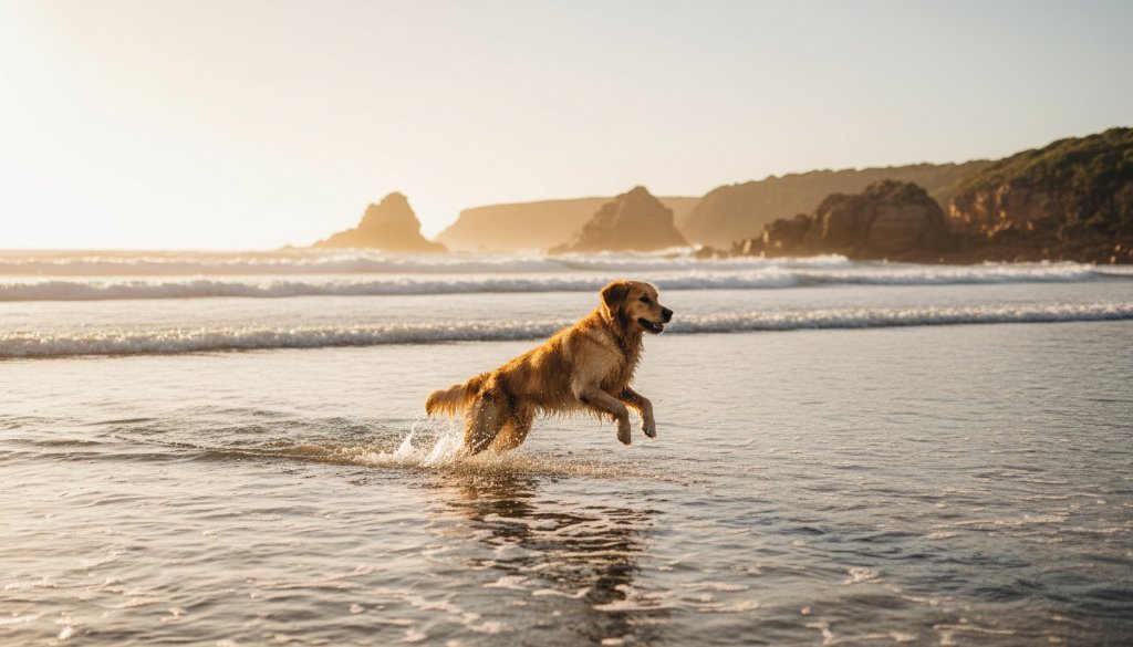 A majestic golden retriever captured during Mallacoota golden hour pet photography on Bastion Point, leaping joyfully through the shallow waves with the vibrant sunset casting long, warm shadows and sparkling on the water, perfectly encapsulating an epic moment of pure happiness.