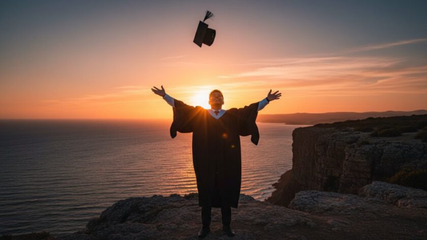 A proud graduate in their cap and gown, standing triumphantly on a rocky outcrop overlooking the serene waters of Mallacoota Lake at sunset, celebrating their Mallacoota graduation photography capturing achievement by the lake, with warm golden light illuminating their joyful expression and the vast Australian landscape.