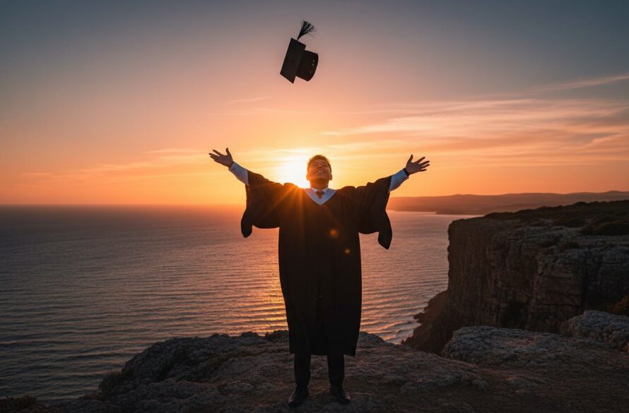 A proud graduate in their cap and gown, standing triumphantly on a rocky outcrop overlooking the serene waters of Mallacoota Lake at sunset, celebrating their Mallacoota graduation photography capturing achievement by the lake, with warm golden light illuminating their joyful expression and the vast Australian landscape.