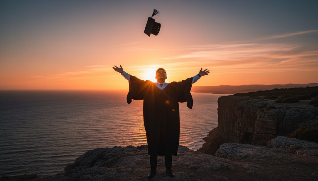 A proud graduate in their cap and gown, standing triumphantly on a rocky outcrop overlooking the serene waters of Mallacoota Lake at sunset, celebrating their Mallacoota graduation photography capturing achievement by the lake, with warm golden light illuminating their joyful expression and the vast Australian landscape.