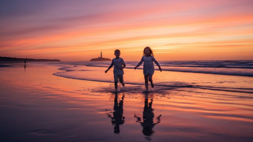 A dramatic, cinematic wide shot capturing a Mallacoota kids photography beach adventure at sunset, with two children silhouetted against a vibrant orange sky, joyfully running towards the waves with a golden retriever, creating an epic moment of childhood freedom.