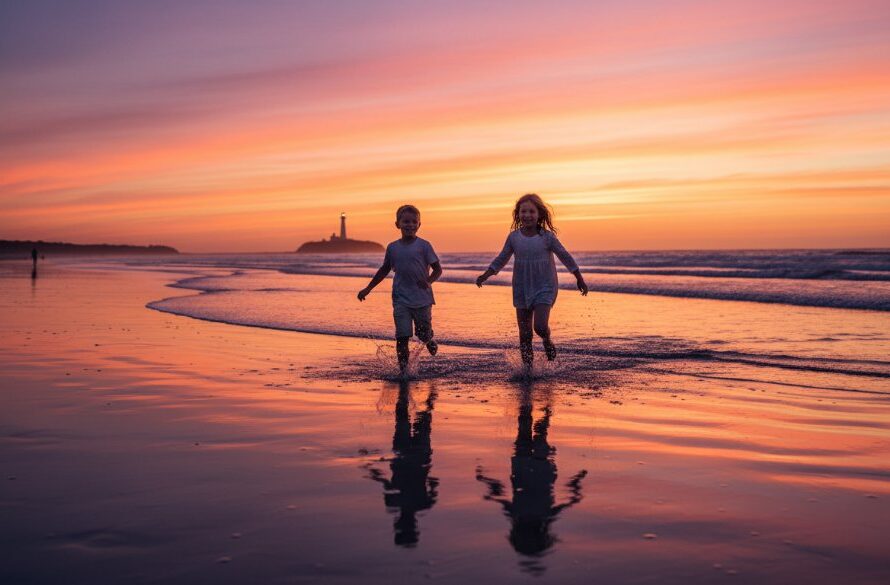 A dramatic, cinematic wide shot capturing a Mallacoota kids photography beach adventure at sunset, with two children silhouetted against a vibrant orange sky, joyfully running towards the waves with a golden retriever, creating an epic moment of childhood freedom.