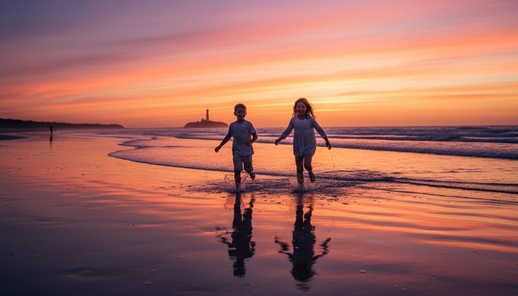 A dramatic, cinematic wide shot capturing a Mallacoota kids photography beach adventure at sunset, with two children silhouetted against a vibrant orange sky, joyfully running towards the waves with a golden retriever, creating an epic moment of childhood freedom.