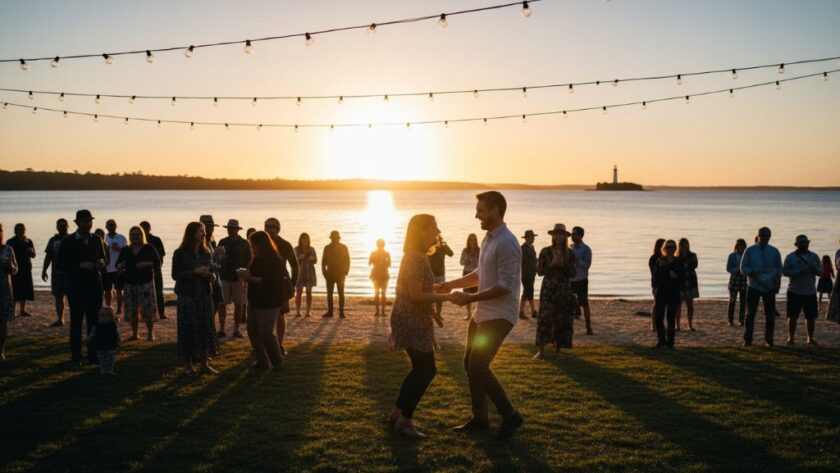 A wide shot capturing the vibrant energy of a community festival along the Mallacoota lake foreshore, featuring attendees laughing and dancing under string lights at dusk, showcasing expert Mallacoota lakeside event photography capturing genuine joy.