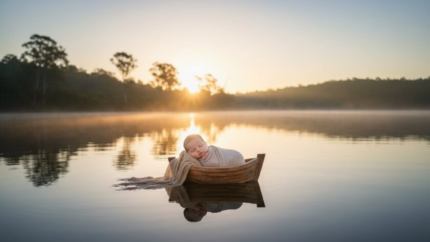 A tender moment of Mallacoota newborn photography capturing coastal serenity, featuring a peacefully sleeping baby swaddled on a soft blanket, gently placed on a weathered wooden boat on the tranquil shores of Mallacoota Lake at sunrise, with golden light reflecting off the water and a silhouette of distant gum trees.