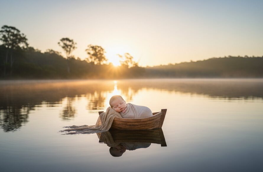 A tender moment of Mallacoota newborn photography capturing coastal serenity, featuring a peacefully sleeping baby swaddled on a soft blanket, gently placed on a weathered wooden boat on the tranquil shores of Mallacoota Lake at sunrise, with golden light reflecting off the water and a silhouette of distant gum trees.