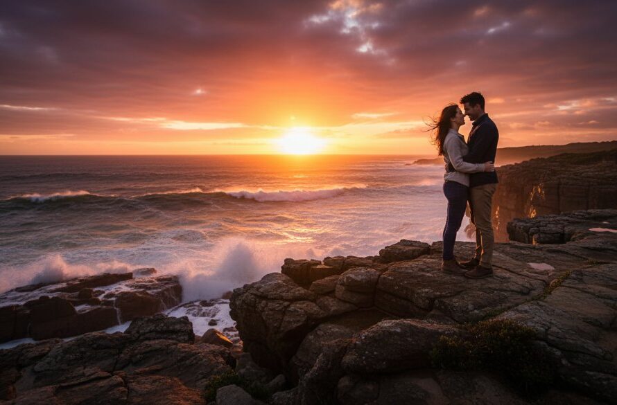 An adventurous couple embracing on a dramatic cliffside at sunset in Mallacoota, Victoria, bathed in golden light, capturing their Mallacoota pre-wedding photography adventure.