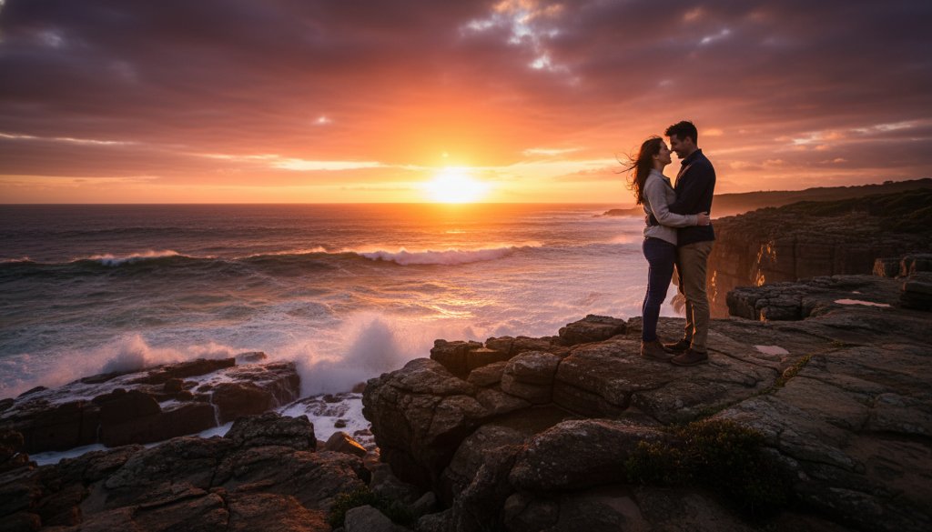 An adventurous couple embracing on a dramatic cliffside at sunset in Mallacoota, Victoria, bathed in golden light, capturing their Mallacoota pre-wedding photography adventure.