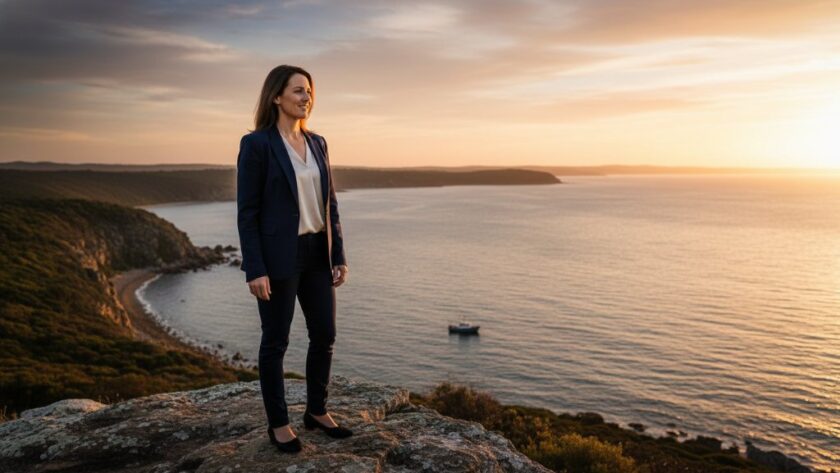 An inspiring Mallacoota professional portrait capturing Gippsland spirit, featuring a confident entrepreneur silhouetted against the golden hour glow over Mallacoota Inlet, reflecting strength and connection to the region.