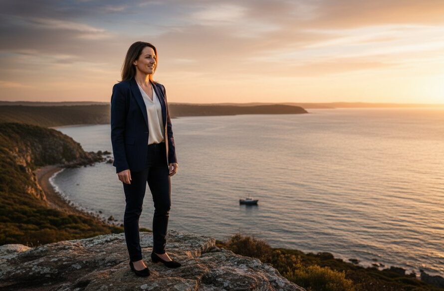 An inspiring Mallacoota professional portrait capturing Gippsland spirit, featuring a confident entrepreneur silhouetted against the golden hour glow over Mallacoota Inlet, reflecting strength and connection to the region.