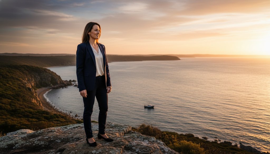 An inspiring Mallacoota professional portrait capturing Gippsland spirit, featuring a confident entrepreneur silhouetted against the golden hour glow over Mallacoota Inlet, reflecting strength and connection to the region.