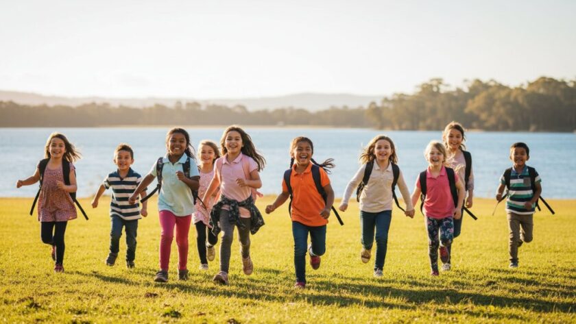 A dynamic, candid shot of Mallacoota school children laughing and running on a sunny day, embodying Mallacoota school photography capturing authentic student joy, with the Mallacoota inlet visible in the background, dramatic golden hour lighting, and a shallow depth of field.