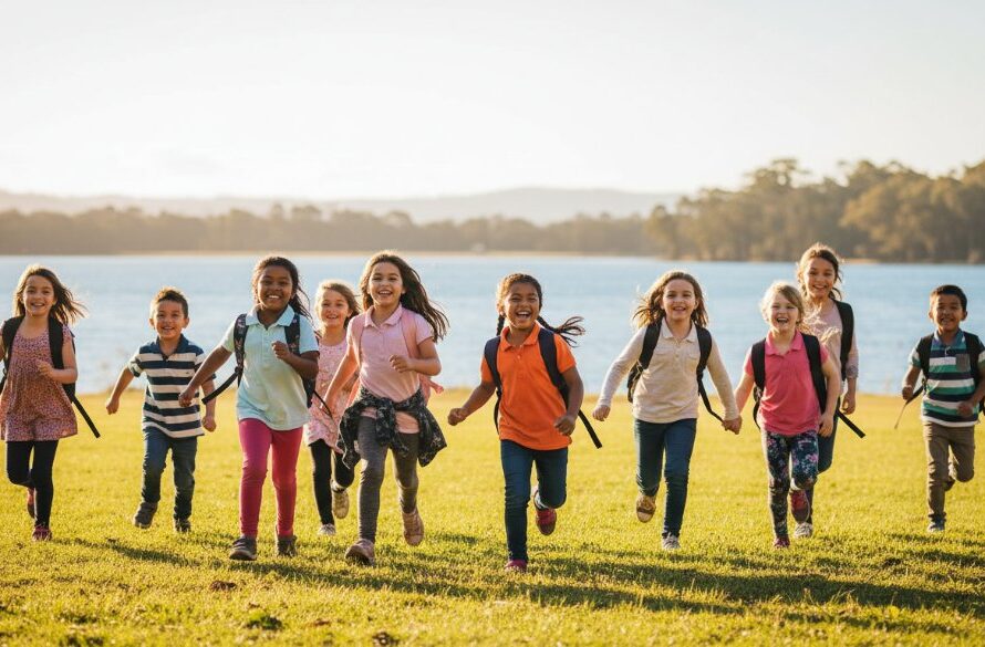 A dynamic, candid shot of Mallacoota school children laughing and running on a sunny day, embodying Mallacoota school photography capturing authentic student joy, with the Mallacoota inlet visible in the background, dramatic golden hour lighting, and a shallow depth of field.