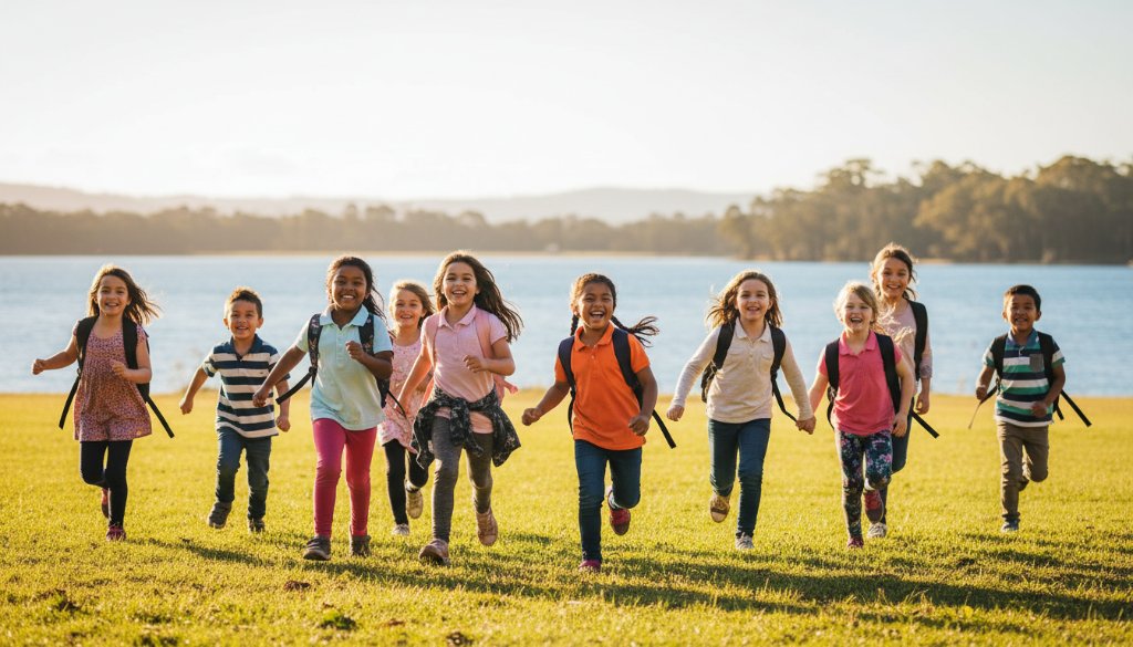 A dynamic, candid shot of Mallacoota school children laughing and running on a sunny day, embodying Mallacoota school photography capturing authentic student joy, with the Mallacoota inlet visible in the background, dramatic golden hour lighting, and a shallow depth of field.