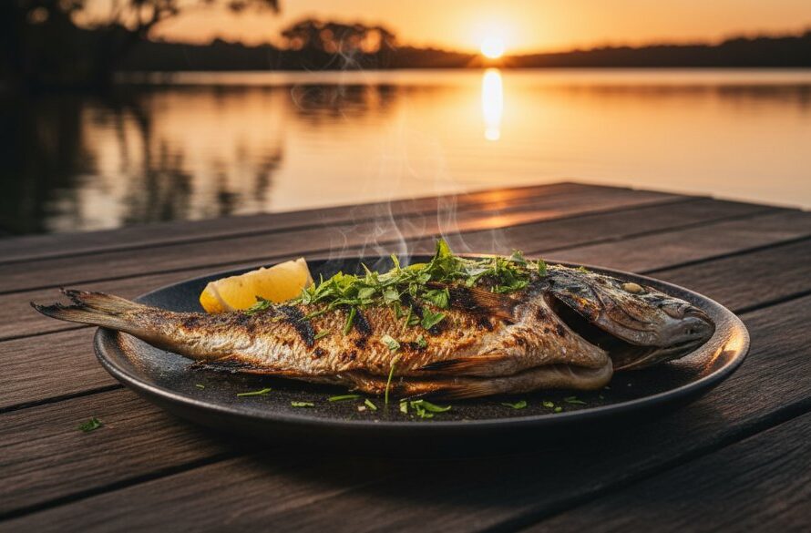 A dramatic, low-angle shot capturing the essence of Mallacoota Seafood Photography Storytelling, featuring a perfectly seared scallop dish garnished with fresh herbs, positioned on a weathered wooden table by the Mallacoota Inlet at a golden hour sunset, with the vibrant colours of the sky reflected on the water, rendered with cinematic lighting and professional colour grading.