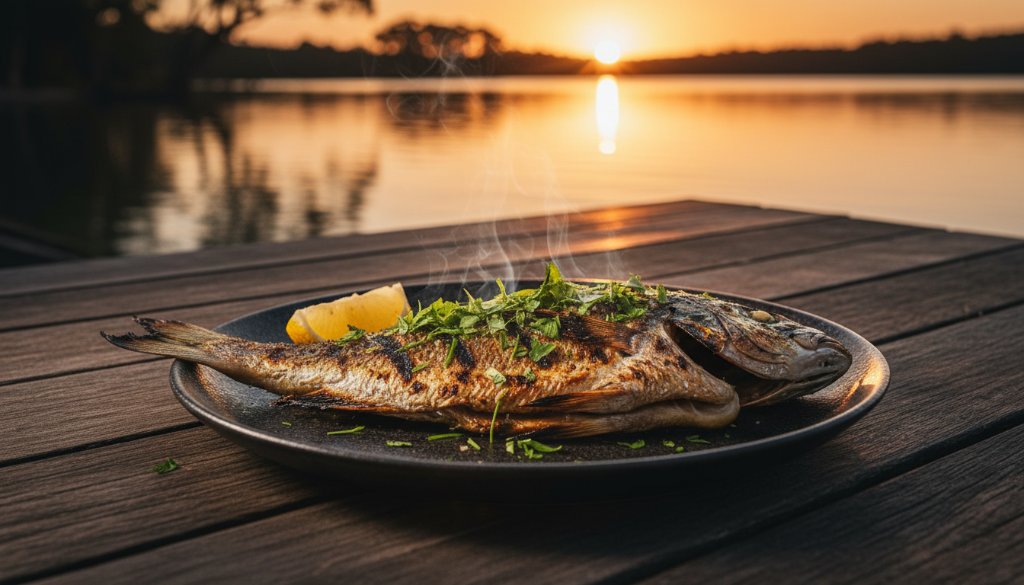 A dramatic, low-angle shot capturing the essence of Mallacoota Seafood Photography Storytelling, featuring a perfectly seared scallop dish garnished with fresh herbs, positioned on a weathered wooden table by the Mallacoota Inlet at a golden hour sunset, with the vibrant colours of the sky reflected on the water, rendered with cinematic lighting and professional colour grading.