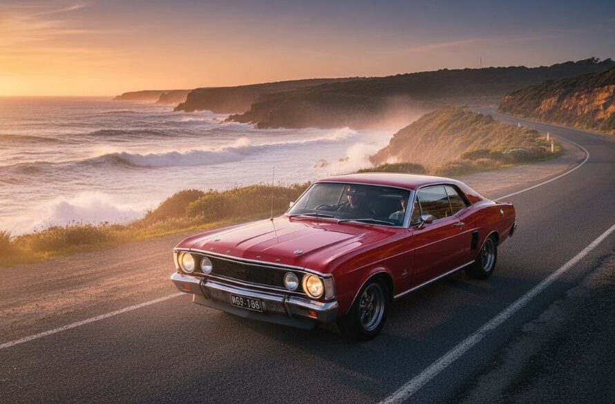 An epic moment captures a classic muscle car, gleaming under the golden hour sun, during a Mallacoota vintage car coastal shoot Victoria, with dramatic waves crashing on the rugged coastline in the background, professionally color-graded.