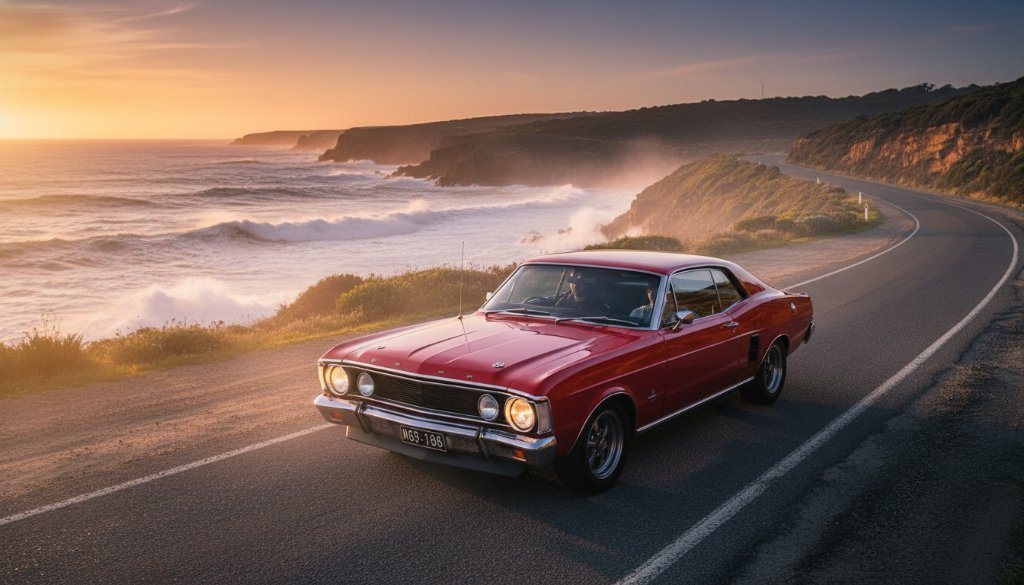 An epic moment captures a classic muscle car, gleaming under the golden hour sun, during a Mallacoota vintage car coastal shoot Victoria, with dramatic waves crashing on the rugged coastline in the background, professionally color-graded.