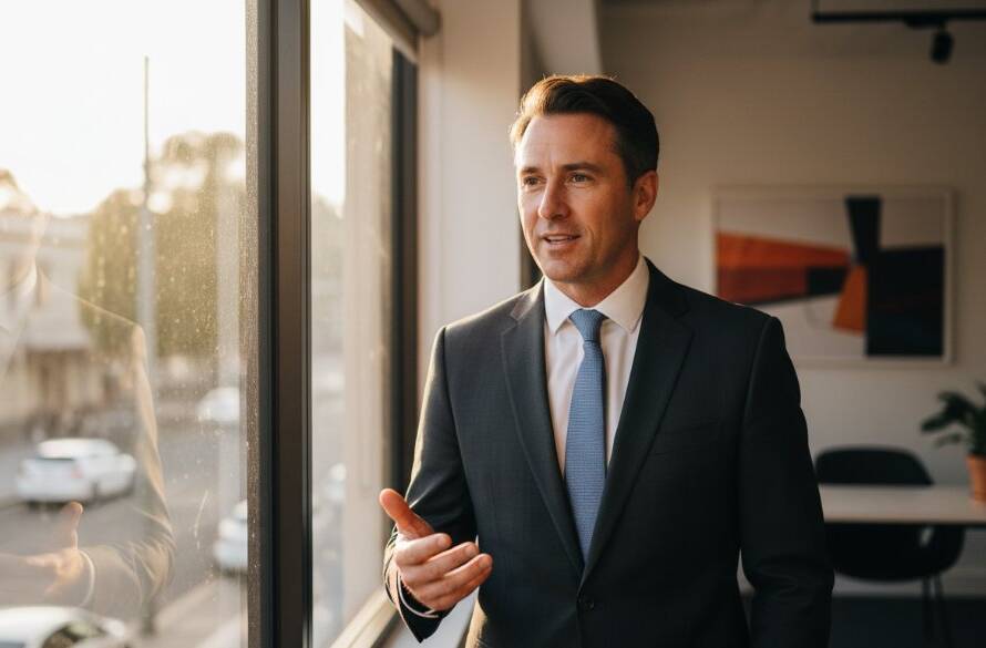 Dynamic Malvern corporate headshots capturing authentic professional branding Victoria, featuring a confident business leader silhouetted against a softly lit modern office window in Malvern, Victoria, with a determined yet approachable expression, expertly captured at the golden hour.