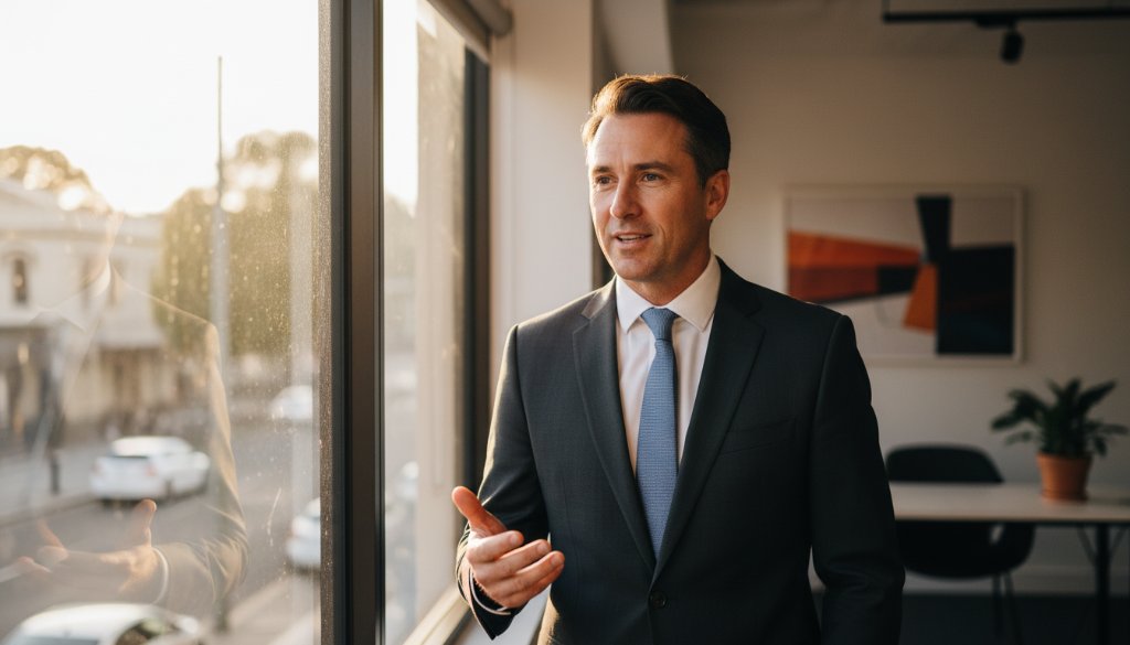 Dynamic Malvern corporate headshots capturing authentic professional branding Victoria, featuring a confident business leader silhouetted against a softly lit modern office window in Malvern, Victoria, with a determined yet approachable expression, expertly captured at the golden hour.