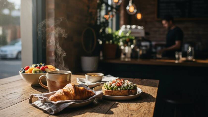 An artistic, dramatically lit overhead shot capturing a perfectly styled brunch spread on a rustic wooden table inside a bustling Malvern East cafe, showcasing expert Malvern East cafe food photography styling tips with steam rising from a coffee cup and golden light highlighting fresh pastries.