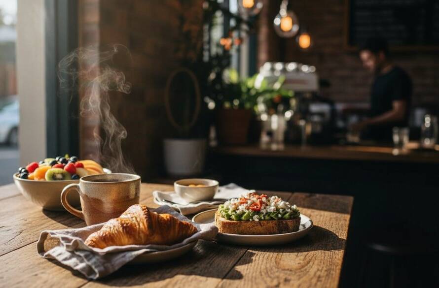 An artistic, dramatically lit overhead shot capturing a perfectly styled brunch spread on a rustic wooden table inside a bustling Malvern East cafe, showcasing expert Malvern East cafe food photography styling tips with steam rising from a coffee cup and golden light highlighting fresh pastries.