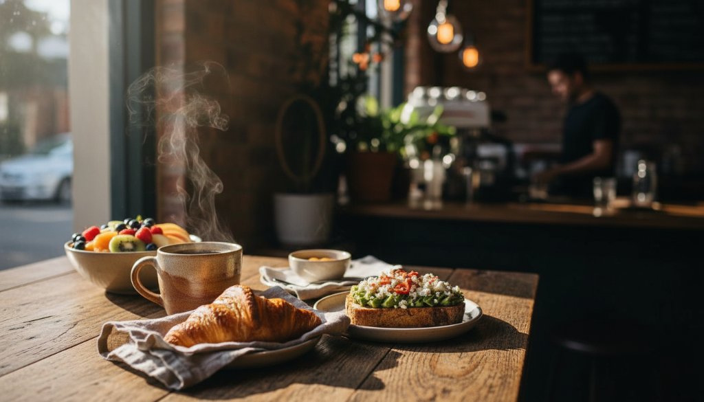 An artistic, dramatically lit overhead shot capturing a perfectly styled brunch spread on a rustic wooden table inside a bustling Malvern East cafe, showcasing expert Malvern East cafe food photography styling tips with steam rising from a coffee cup and golden light highlighting fresh pastries.