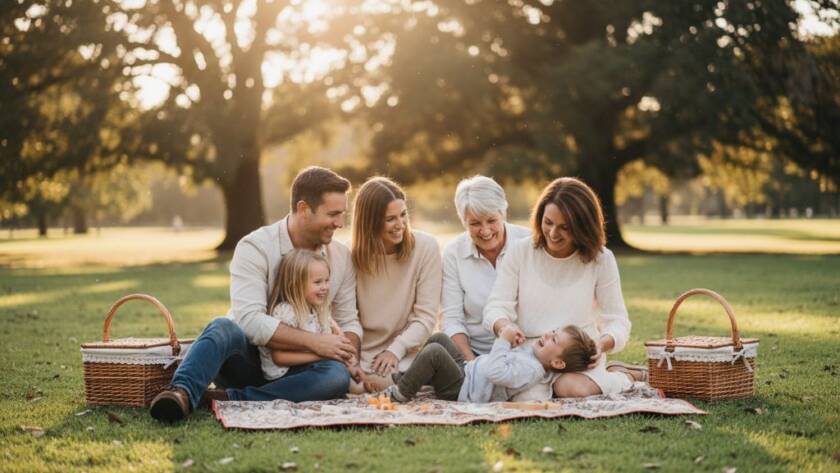 An emotional and joyous candid family moment captured in Malvern East, featuring parents embracing their laughing children under the soft afternoon light in a local park, showcasing Malvern East Candid Family Photography Cherished Unposed Moments.