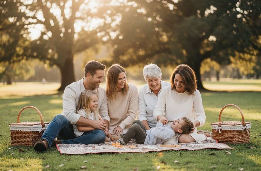 An emotional and joyous candid family moment captured in Malvern East, featuring parents embracing their laughing children under the soft afternoon light in a local park, showcasing Malvern East Candid Family Photography Cherished Unposed Moments.