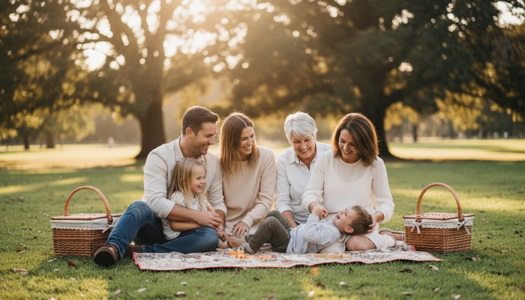 An emotional and joyous candid family moment captured in Malvern East, featuring parents embracing their laughing children under the soft afternoon light in a local park, showcasing Malvern East Candid Family Photography Cherished Unposed Moments.